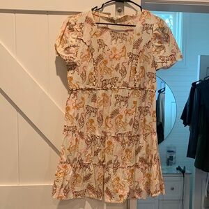 Tiered Short Sleeve Dress with Tiger Print - Cream, Mustard, Brown